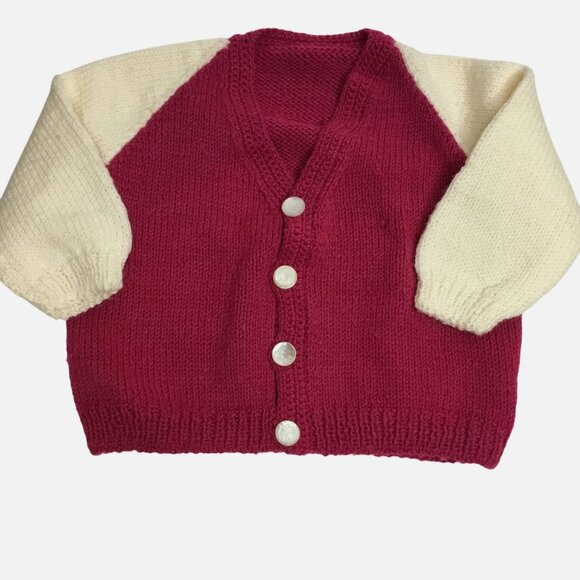 VTG 1950s Handmade Baby Cardigan Maroon & Cream Soft Knit Shell Buttons VBC - Picture 1 of 8